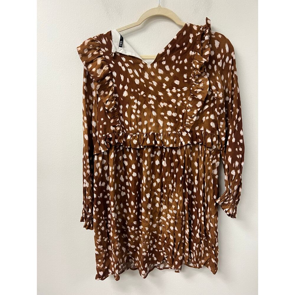 Zara Brown and White Printed Ruffle Midi Dress - Picture 2 of 3